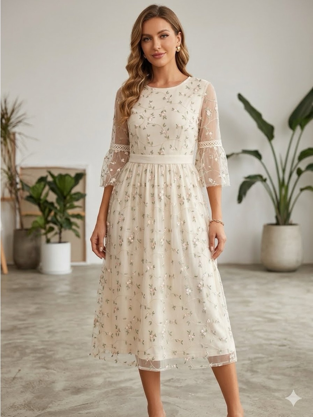 Elegant Cream Floral Midi Dress with Sheer Sleeves